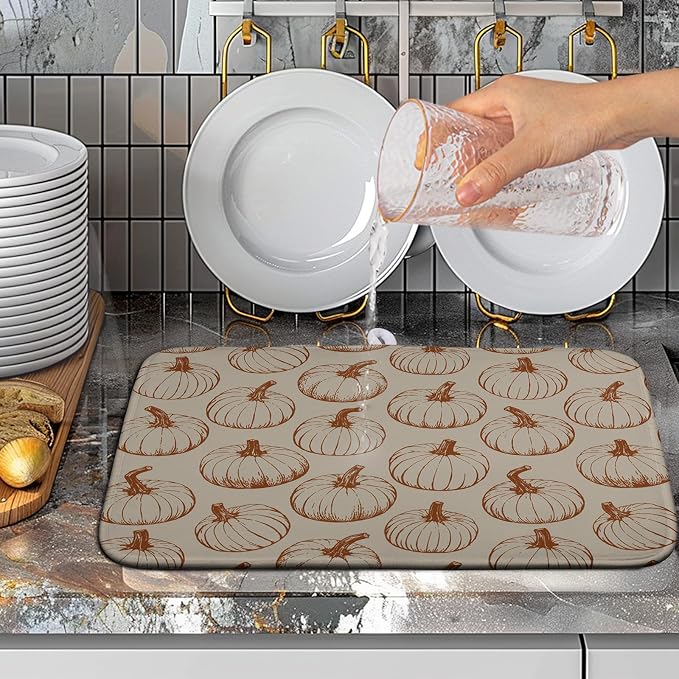Fall Pumpkin Dish Drying Mat for Kitchen Counter Burnt Orange Autumn Thanksgiving Dish Mat Absorbent Microfiber Kitchen Countertop Protector Dishes Drying Pad Medium Drying Mats 16x18 Inch