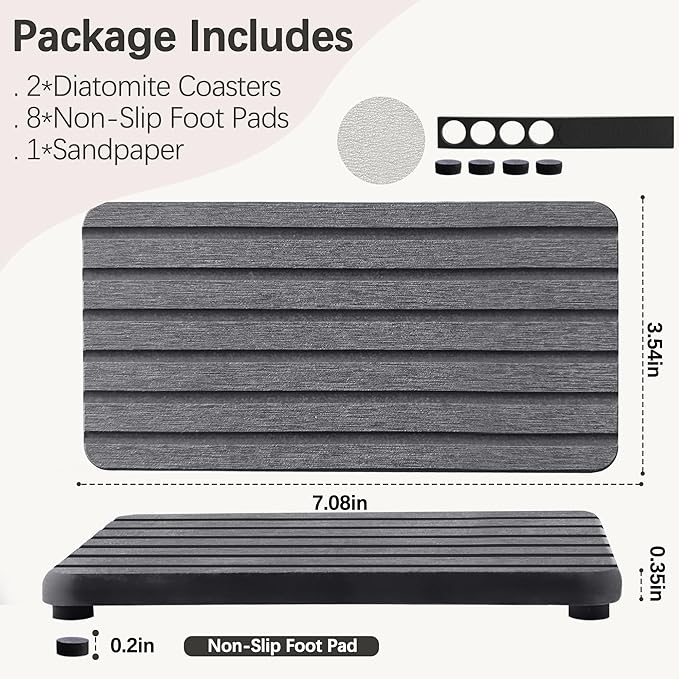 NiuYichee 2 PCS Water Absorbent diatomite Coasters, 7.1" x 3.5" Water Absorbing Stone Tray for Sink, Stone Drying mat for Kitchen Counter, Stone soap Tray Used for Hand Soaps & toiletries & Plants