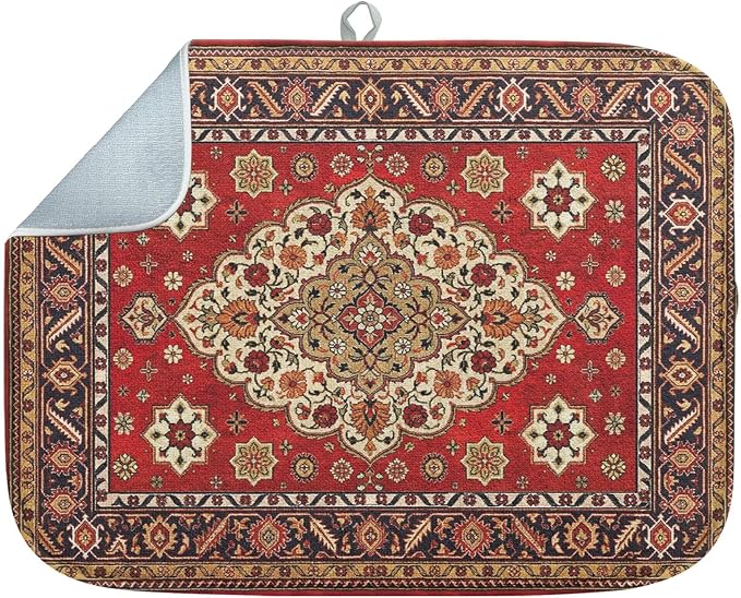 Sanwarm Absorbent Dish Drying Mat, Royal Red Moroccan Microfiber Pad for Kitchen Counter, Coffee Bar Decor, Heat Resistant and Reversible, 18" x 24"