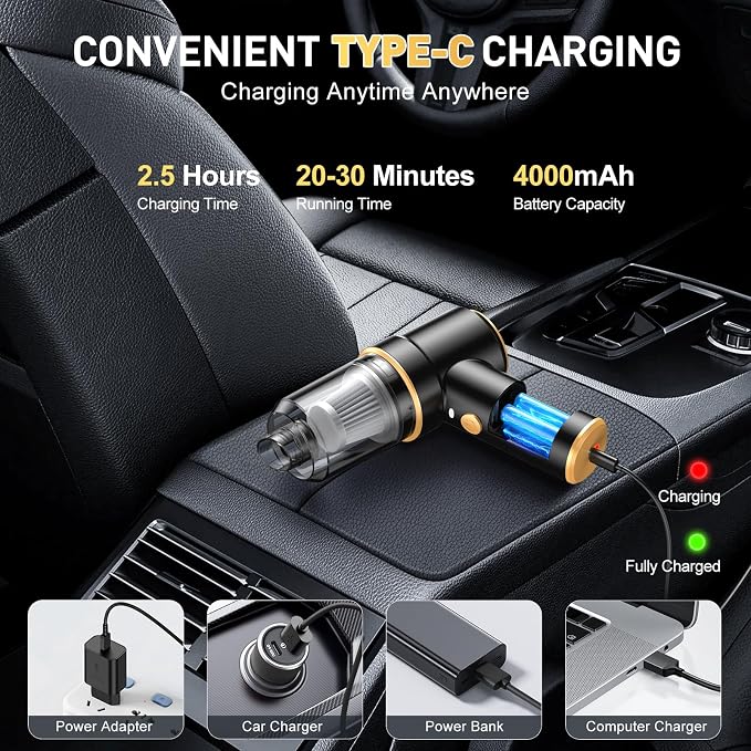 Handheld Car Vacuum Cleaner, 9000PA Hand Held Vacuum Cleaner & Air Duster | 120W High Power Portable Cordless, Rechargeable, Multi-Nozzles & LED Light, For Home, Car, Office