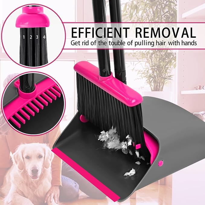 JEHONN Broom with Dustpan Combo Set, Long Handle Lightweight Indoor Broom Set, Upright Standing Dust Pan with Comb Teeth Store Sweep Set for Home Room Kitchen Office Lobby (Rose Red)
