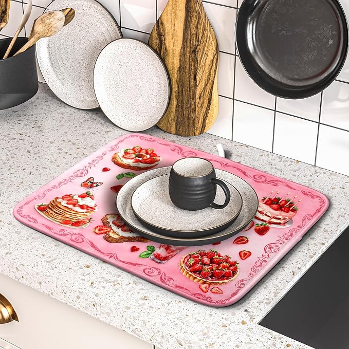 Pink Strawberry Dish Drying Mat for Kitchen Counter Washable Absorbent Dish Draining Mat 16×18in