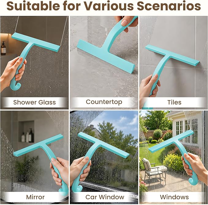 10 Inch Silicone Shower Squeegee for Glass Doors, Streak-Free, Mint Green | No-Squeak Silicone Blade, Ergonomic Round Grip and Built-In Hook for Quick Daily Cleaning of Shower Glass, Tile and Windows