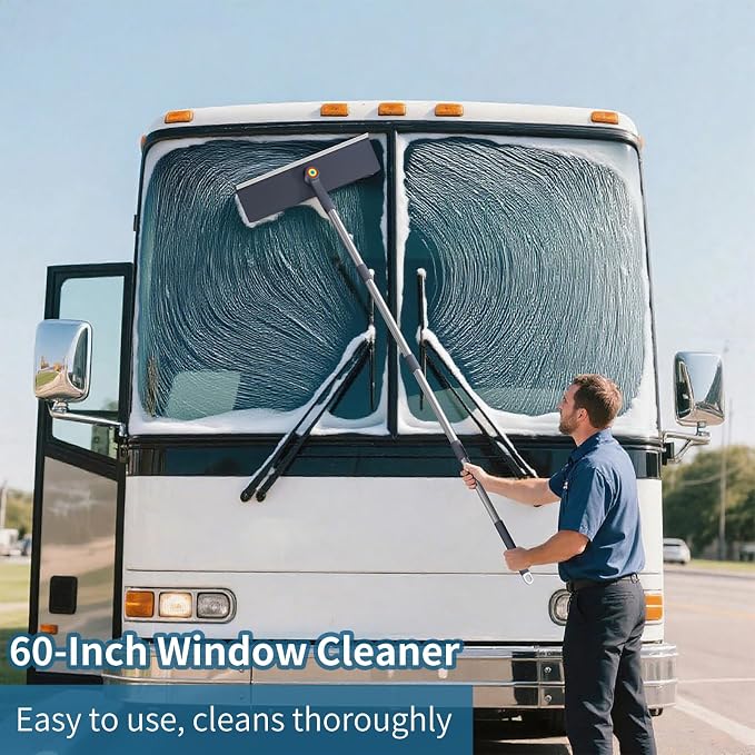 3 in 1 Window Squeegee for Home, Window Cleaning Kit with 60" Extension Pole, Professional Window Cleaner Tool for Outdoor Windows, Glass, Mirrors, Screens with 3 Microfiber Cloths & Screen Brush