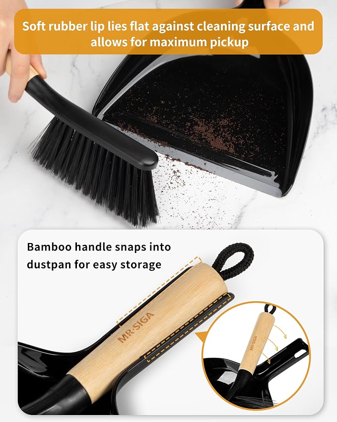MR.SIGA Dustpan and Brush Set, Bamboo Handle, Black, 1 Set | Handheld brush and dustpan combo with hanging loop, small broom and dustpan set