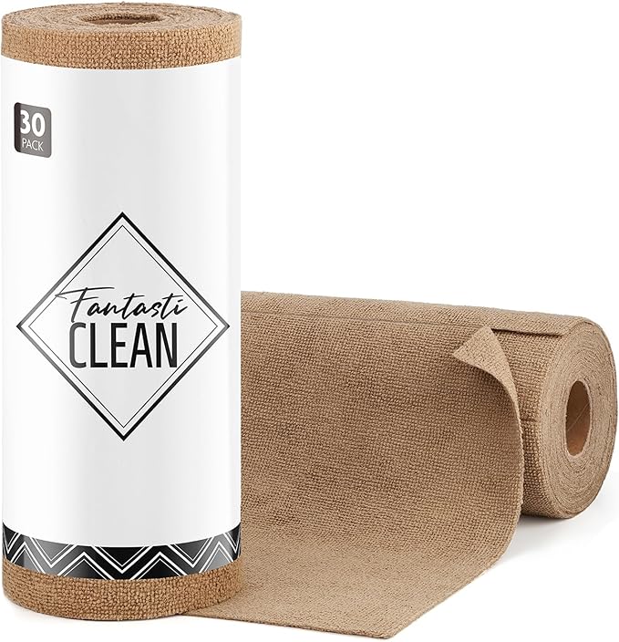 Fantasticlean Microfiber Cleaning Cloth Roll- 30 Sheets, 12" x 12" (TAN) | Super Absorbent, Lint-free, Tear-away Microfiber Towel Roll, for All-Purpose Cleaning