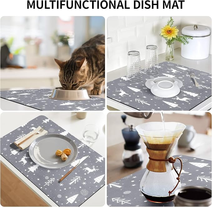Christmas Dish Drying Mat, 16" x 24" Drying Mat for Kitchen Counter, Super Absorbent Coffee Mats Fits Under Coffee Maker, Kitchen Accessories for Espresso Machine, Gray