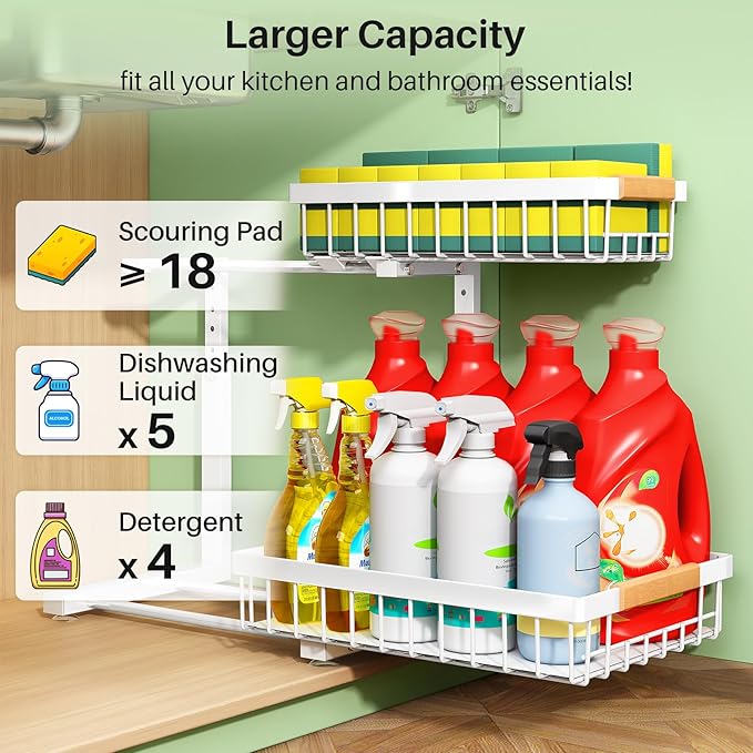 Kitstorack Under Sink Organizer, 2 Tier Under the Sink Storage, Slide out Pull out Cabinet Organizer Shelf, Metal Sliding Drawer for Kitchen Bathroom Pantry Closet Organization Rack, White, 2 Pack