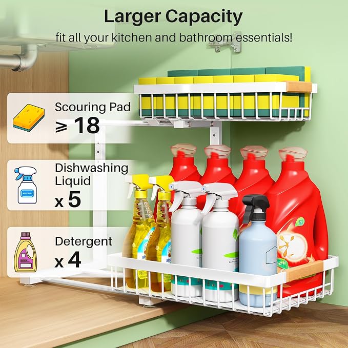 Kitstorack Under Sink Organizer, 2 Tier Under the Sink Storage, Slide out Pull out Cabinet Organizer Shelf, Metal Sliding Drawer for Kitchen Bathroom Pantry Closet Organization Rack, White, 1 Pack
