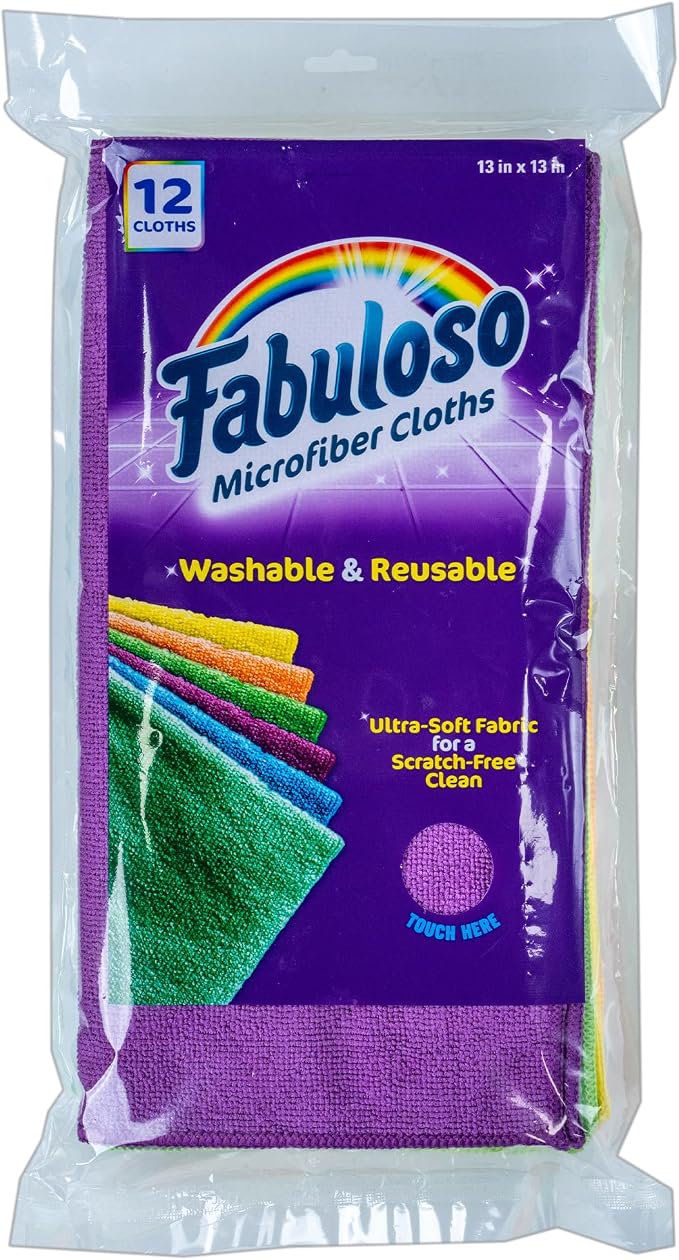 Fabuloso Microfiber Cleaning Cloths for Home & Car, Lint-Free Scratch-Free Rags for Glass, Kitchen & Wood, Reusable Machine Washable, Absorbent for Dusting & Wiping, Rainbow, 13 x 13 in, 12 Count