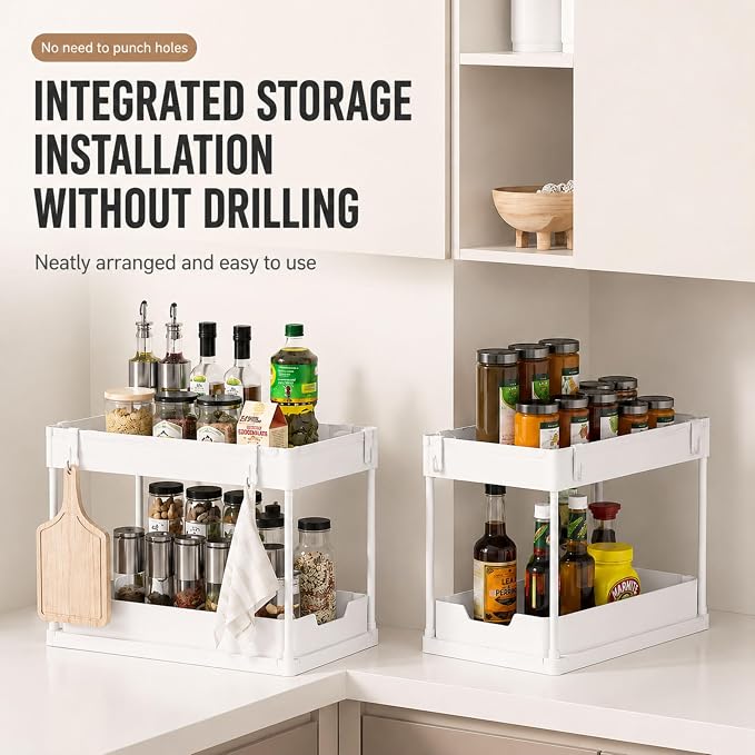 Under Sink Organizer, 2 Tier Pull-Out Storage Organizer with Sliding Drawer & Hooks, Multi-Purpose Cabinet Organizer for Kitchen, Bathroom, Pantry, Laundry Room & Office, White