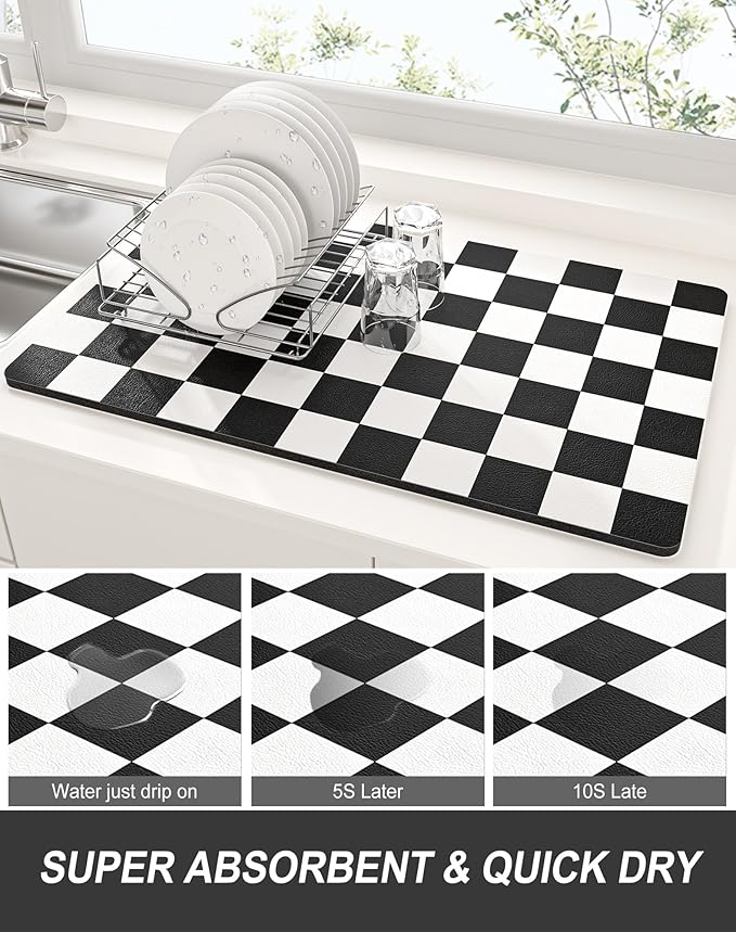 Rnivvi Dish Drying Mat for Kitchen Counter, 12 x 19" Cute Checkered Absorbent Draining Pad, Non-Slip Heat Resistant Coffee Bar Mats for Coffee Machine Station Accessories, Black White Dish Rack Pad