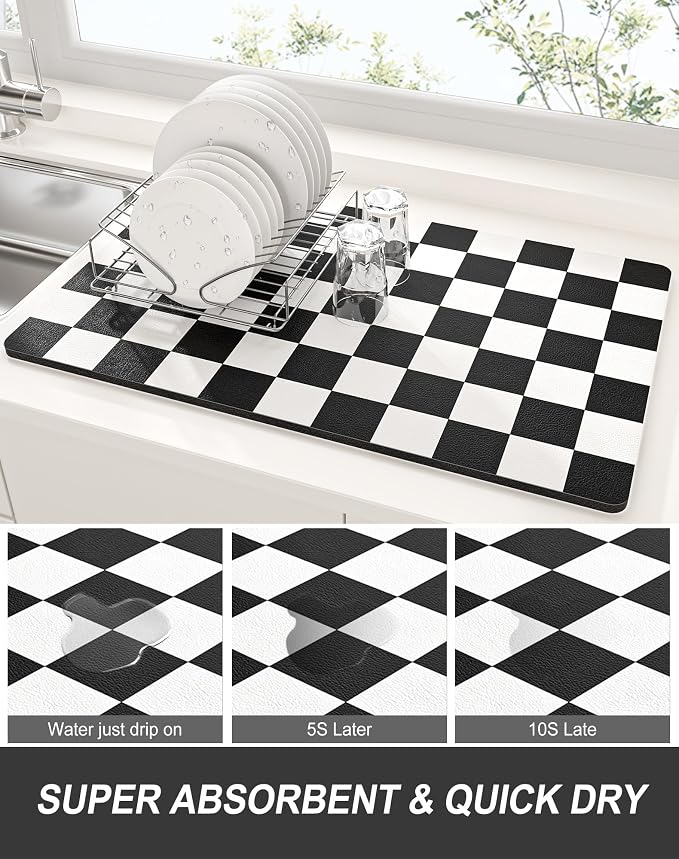 Rnivvi Dish Drying Mat for Kitchen Counter, XL 15 x 24" Cute Checkered Absorbent Draining Pad, Non-Slip Heat Resistant Coffee Bar Mat for Coffee Machine Station Accessories, Black White Dish Rack Pad