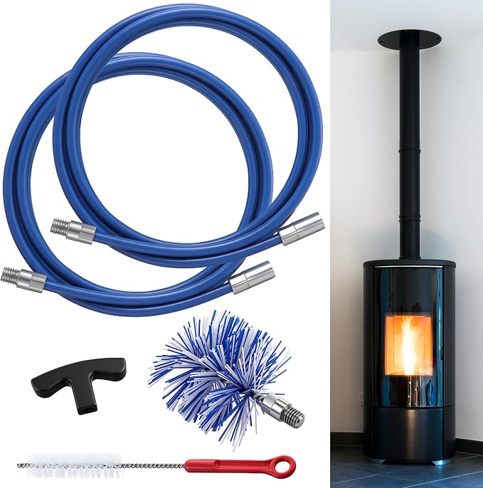 Dreyoo Pellet Stove Cleaning Brush Kit, 20 FT Flexible Steel Rod with 4" Brush Head, T Handle, Multi Purpose Flue Detail Cleaner, Nylon Stove Flue Pipe Kit for Pellet Furnace Exhaust Pipes