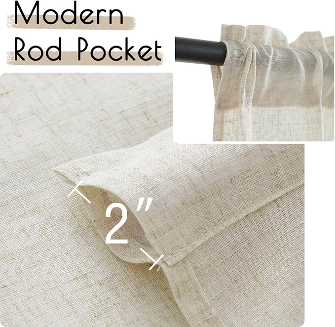 jinchan Beige Rustic Linen Rod Pocket Kitchen Curtains, 26x36, 2 Panels | Light filtering, cafe curtains, machine washable, farmhouse, kitchen, bathrooms, laundry, small window, over sink
