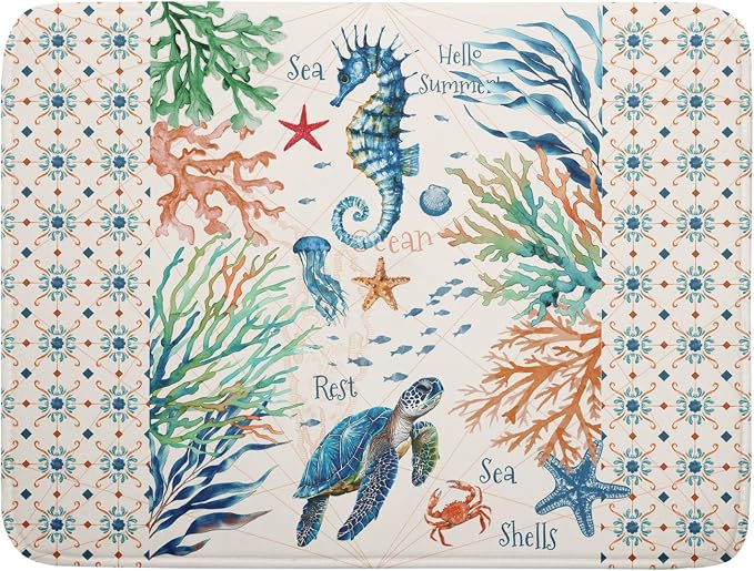 Giwawa Nautical Coastal Dish Drying Mat Sea Turtle Seahorse Dish Drainer Pad 18"x24" Microfiber Reversible Fast Dry Pad for Kitchen Counter Decor
