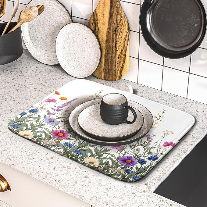 Giwawa Flower Herbs Dish Drying Mat Botanical Plant Dishes Drainer Mat 16x18 inch Reversible Microfiber Drying Dish Pad for Kitchen Counter Decor