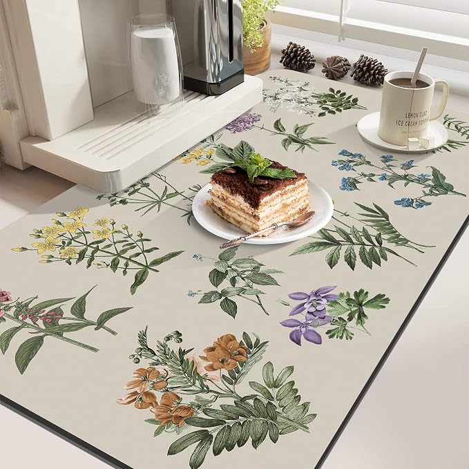 LOKHOM Dish Drying Mat for Kitchen Counter, 17"x32" Absorbent Coffee Bar Mat with Vintage Sage Flower Herbs, Dish Drainer Rack Mats for Kitchen Counter Coffee Maker Pot Dining Room Decoration