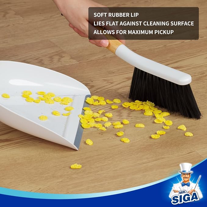 MR.SIGA Dustpan and Brush Set, Bamboo Handle, White, 1 Set | Handheld brush and dustpan combo with hanging loop, small broom and dustpan set