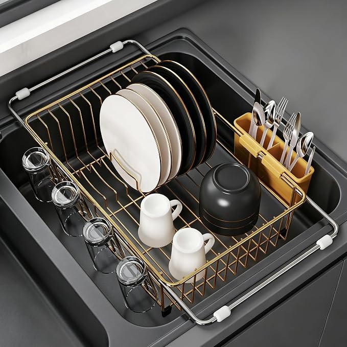 JASIWAY Gold Dish Drying Rack in Sink, Expandable Stainless Steel Dish Drainers for Kitchen Counter, Dish Dryer Rack for Inside Sink, Over The Sink Dish Racks with Utensil Holder