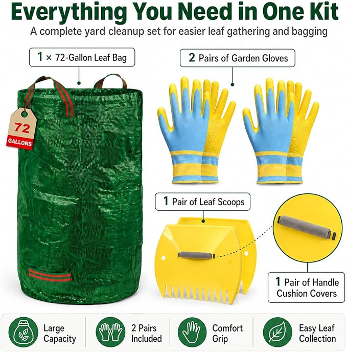 Leaf Scoops Hand Rakes, Leaf Claws & Leaf Grabbers for Yard Work with 72-Gallon Reusable Leaf Bag, 2 Pairs Adult Garden Gloves & Soft Handle Covers, Yard Cleanup Kit for Leaves