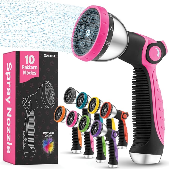 Hose Nozzle [Pink] Heavy Duty Hose Sprayer With 10 Adjustable Watering Patterns. Thumb Control Design, Comfortable Ergonomic Grip, Garden Hose Nozzle for Watering Plants & Lawns/Fun showers/Cleaning