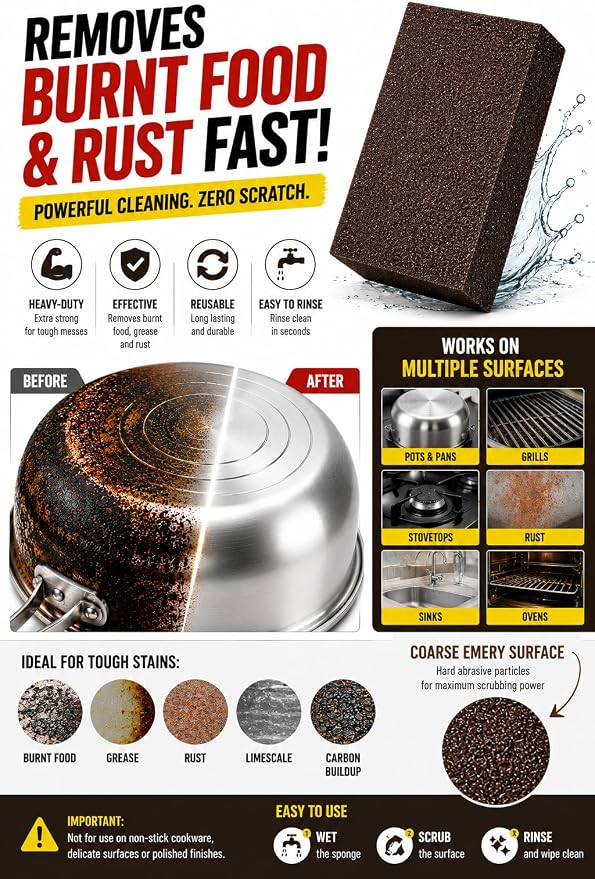 5 Powerful Pot Scrubber Cleaning Sponges, Heavy Duty Kitchen Eraser Scouring Pads, Dishwashing Oven Stove Cleaning Sponges, BBQ Grill Scrubbing Dish Cloths