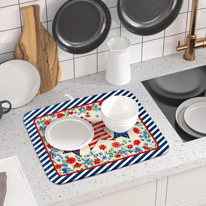 Patriotic Stars Dish Drying Mat for Kitchen Counter 4th of July Holiday Absorbent Reversible Microfiber Dish Pad Small