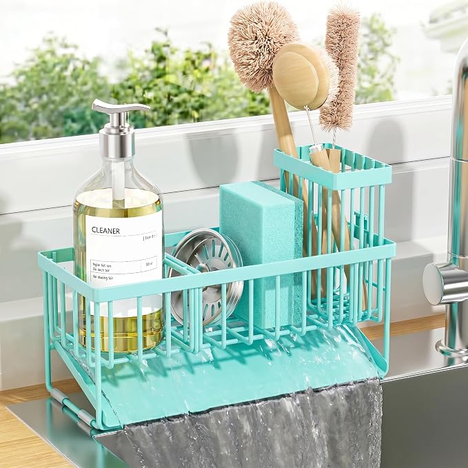 Cisily Kitchen Sink Caddy Organzier with High Brush Holder, Sponge Holder for Sink, 304 Rustproof Stainless, Kitchen Countertop Soap Dispenser Organizer (Turquoise, 9.25″)