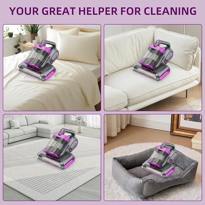 Cordless Mattress Vacuum Cleaner with 253.7nm UV-C Light, Purple | 16Kpa Handheld Bed Vacuum Ultrasonic, Widened Suction, Low Noise, HEPA Filtration for Mattress Sofa Couch Pet Hair