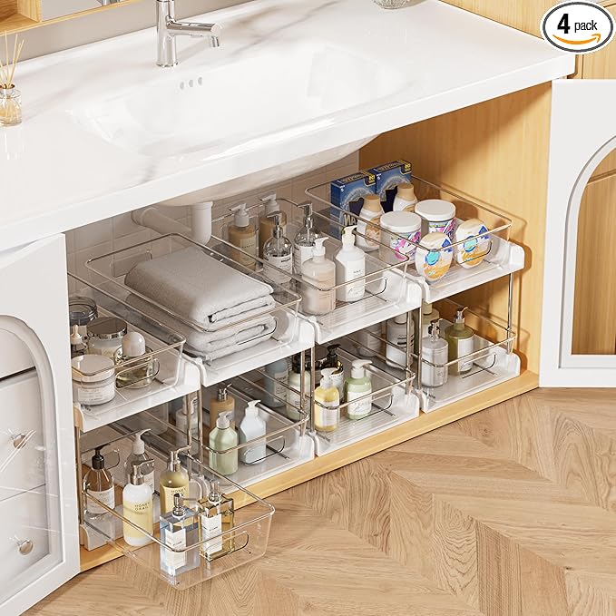 Vtopmart 4 Pack Plastic Bathroom Under Sink Pull-Out Organizer (S-Standard, White)