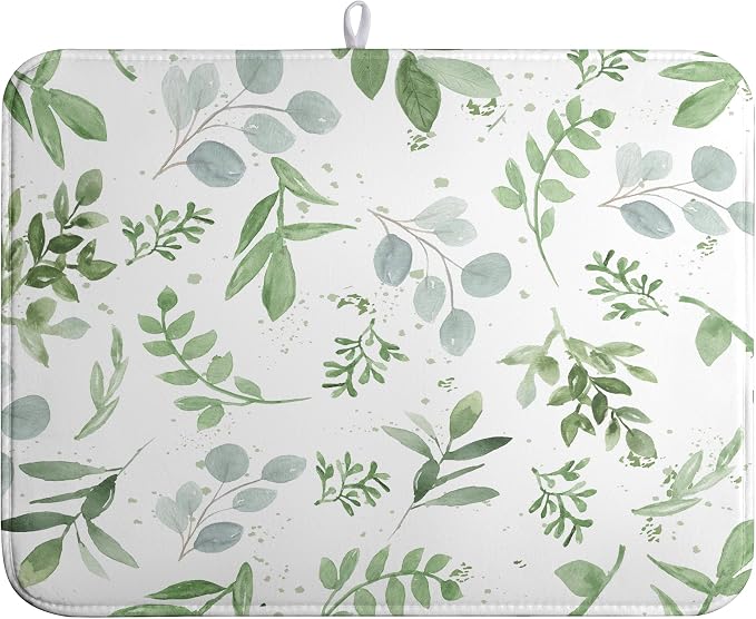 Summer Sage Green Leaves Dish Drying Mat Spring Eucalyptus Leaf Kitchen Dish Drying Pad Absorbent Dish Dryer Mat for Kitchen Countertops Microfiber Dishes Drainer Pad Dish Drying Rack Mat (18x24 in)