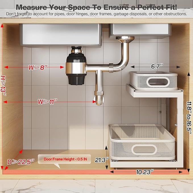 2-Pack 21.3 IN Depth Under Sink Organizer With Next-Gen Ball-Bearing Slides,Sophisticated Mesh 2-Tier Pull Out Shelf for Kitchen & Bathroom,Fits Small Items-White(Patented)