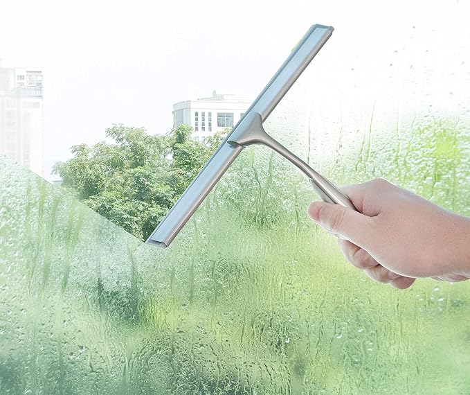 Shower Squeegee for Shower Doors 10 Inch Bathroom Squeegee for Windows,Kitchen,Mirror and Car Glass, Stainless Steel with Adhesive Hook