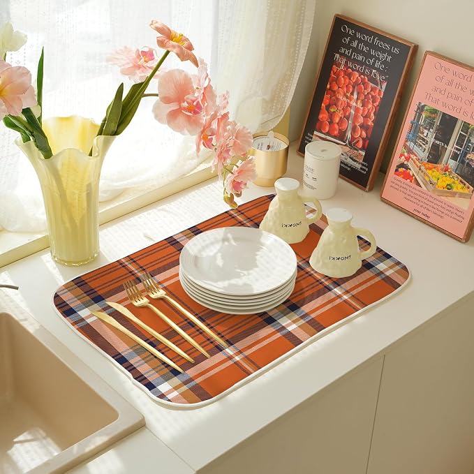 Fall Plaid Dish Drying Mat 18x24 Inch Autumn Orange Blue Buffalo Plaid Drying Mat for Kitchen Counter Absorbent Farmhouse Harvest Thanksgiving Dishes Dry Pad for Drainer Rack Kitchen Fast Dry