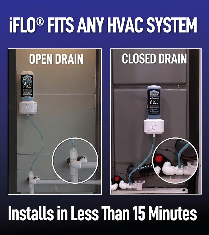 iFLO® Smart A/C Drain Line and Drain Pan Cleaner for HVAC System, Clog-Free, Easy Installation & App-Controlled Air Conditioner Maintenance, Includes 36oz Cleaner Cartridge, 3 Month Supply