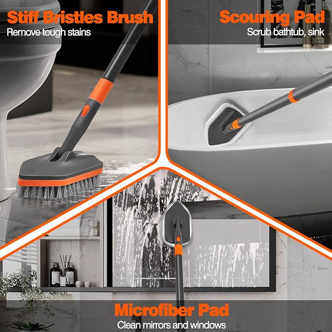 NEWE Shower Cleaner Brush, Tub Tile Scrubber with Telescopic Long Handle 56 inches, 4 Scrub Heads for Cleaning Bathroom Bathtub Floor Baseboard Sink Kitchen Toilet