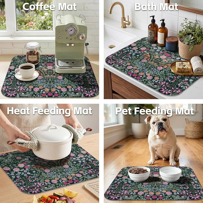 Boho Dish Drying Mat for Kitchen Counter,Botanical Floral Dark Green Farmhouse Absorbent Microfiber Reusable Washable Non-Slip Dish Drainer Draining Mats Dishes Pad for Kitchen Decor 18x16 Inch