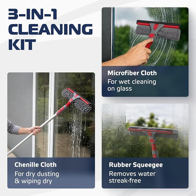 DSV Standard 2-in-1 Window Cleaning Squeegee Kit with 60’’ Extension Pole, Rotatable Bendable Head, Microfiber & Chenille Pads, Window Cleaner Tool for Indoor/Outdoor, High Windows, Shower and Car