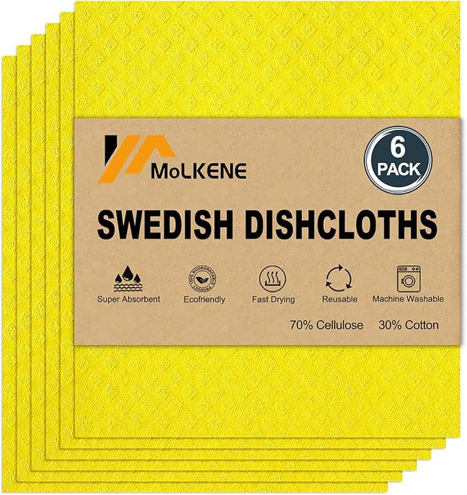 MoLKENE Swedish Dishcloths for Kitchen | 6 Pack Absorbent Cellulose Sponge Cloths Washable | Non-Scratch Reusable Paper Towels Quick Drying Cleaning Cloths - Yellow