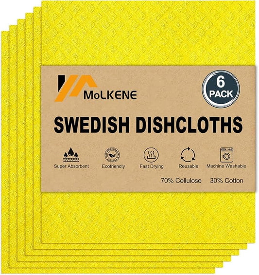 MoLKENE Swedish Dishcloths for Kitchen | 6 Pack Absorbent Cellulose Sponge Cloths Washable | Non-Scratch Reusable Paper Towels Quick Drying Cleaning Cloths - Yellow