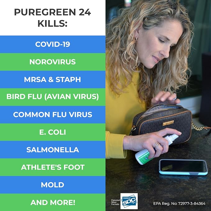 Safe & Effective Disinfectant. Kills Deadly Germs including RSV COVID-19 Norovirus MRSA Staph 2026 flu Bird flu Contains no toxic chemicals odorless child & pet safe 1 4oz spray bottle