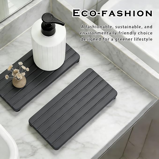 2PCS Stone Drying Tray, Water Absorbing Stone Tray for Sinks, Neat Diatomite Sink Trays, Fast Drying Kitchen Sponge Hand Soap Holder, Instant Dry Sink Coasters Used for Bathroom Counter -Dark Gray