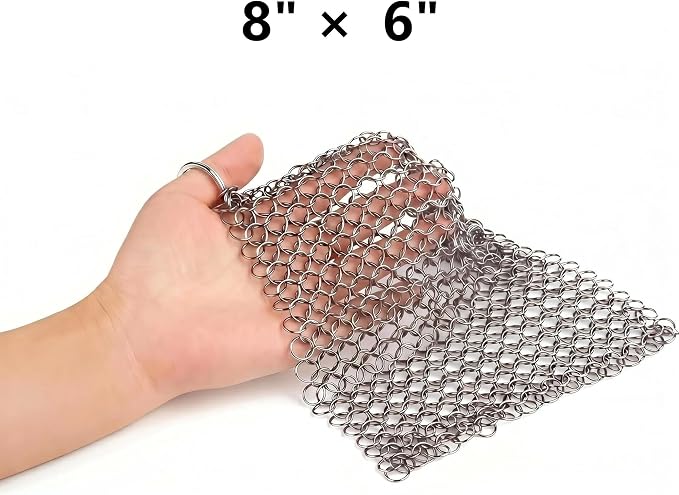 8"x6" Cast Iron Scrubber Stainless Steel Chainmail Cleaner for Pre-Seasoned Pans, Griddles, BBQ Grill and Pot Cookware Cleaning
