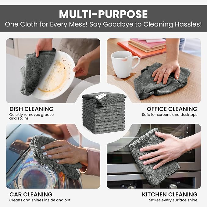 SIFANGKE Microfiber Cleaning Cloth, 12 Pack Grey Cleaning Rags for Housekeeping, Reusable Microfiber Towels for Car, Kitchen, Bathroom and Household Cleaning Supplies, 11.8"X11.8"