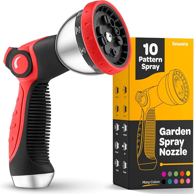 Hose Nozzle [Red] Heavy Duty Hose Sprayer With 10 Adjustable Watering Patterns. Thumb Control Design, Comfortable Ergonomic Grip, Garden Hose Nozzle for Watering Plants & Lawns/Fun showers/Cleaning