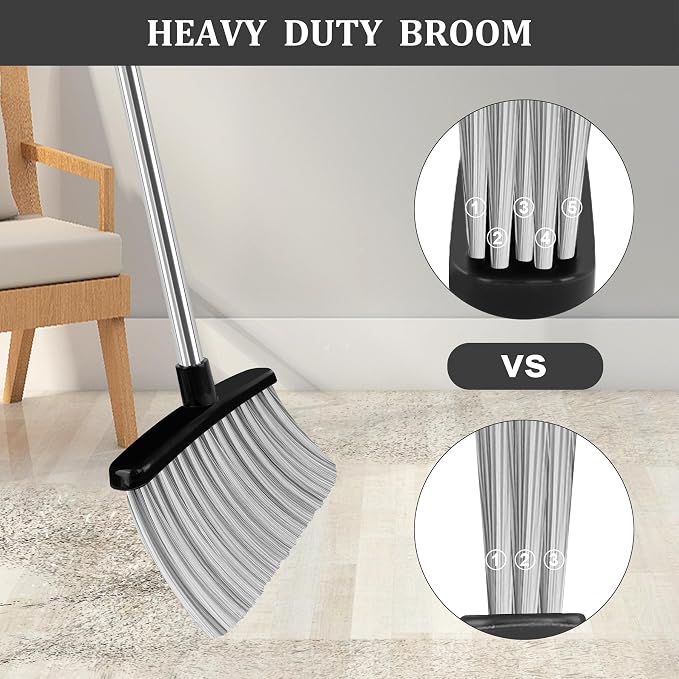 Broom and Dustpan Set, 51" Long Handle Broom with Dustpan Combo Set, Windproof Standing Dust pan with Self-Cleaning Teeth, Household Set Sweep Kitchen Office Lobby Pet Room