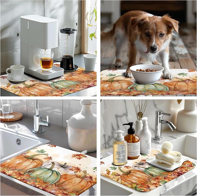 Fall Dish Drying Mat for Kitchen Counter 18×24 Inch Orange Pumpkin Drainer Pad Rustic Autumn Dish Rack Pad Drainer Mat Thanksgiving Absorbent Reversible Microfiber Dish Drying Pad for Coffee Bar