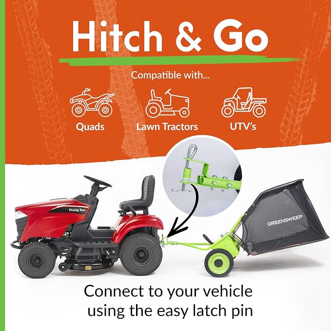 GreenSweep Pickup Tow 42-Inch Lawn Sweeper – Tow-Behind Leaf Collector for Ride-On Mowers – Adjustable Brush Height – Large Grass Catcher Hopper – Garden Debris Sweeper Attachment