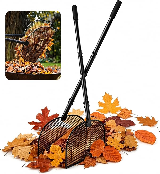 Leaf Grabber Rake with Long Handle, Heavy Duty Metal Leaf Picker Upper and Grass Collector, Upright Lawn Debris Pickup Tool with Upgraded Lock Nuts for Yard Cleanup, No Bending Over